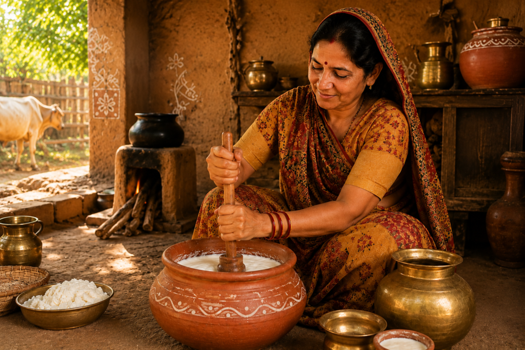 Traditional Indian woman hand churning curd with wooden
bilona churner in clay pot - Kamdhenu Dairy A2 Ghee
making process 