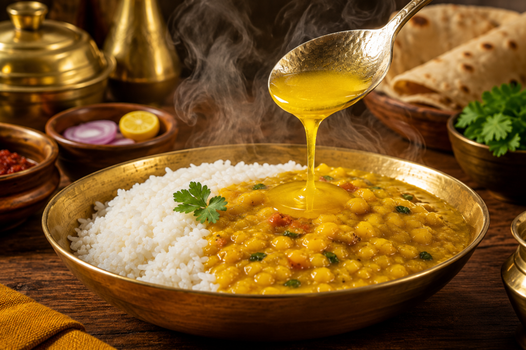 Pure A2 Desi Cow Ghee poured over hot dal and rice in brass bowl - Kamdhenu Dairy healthy Indian cooking