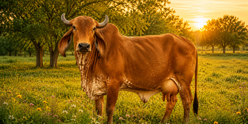 Pure Indian Gir Desi Cow in green field - source of Kamdhenu Dairy A2 Desi Cow Ghee