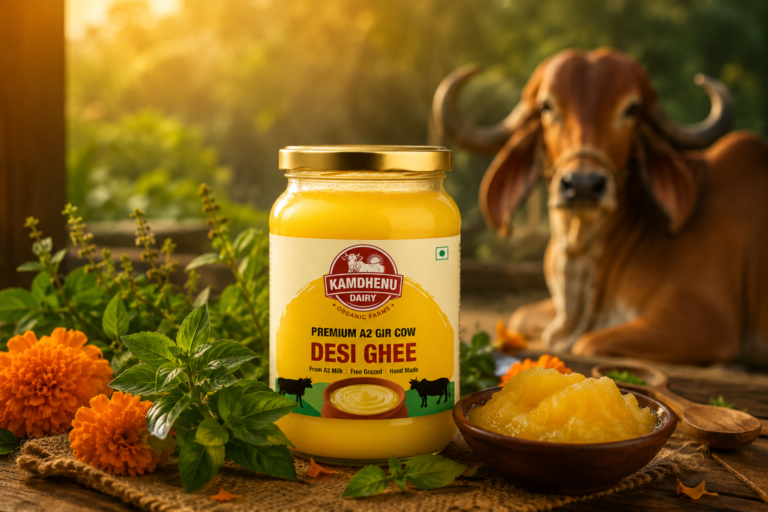 Pure A2 Desi Cow Ghee golden jar by Kamdhenu Dairy with Gir cow in background - Traditional Bilona Ghee